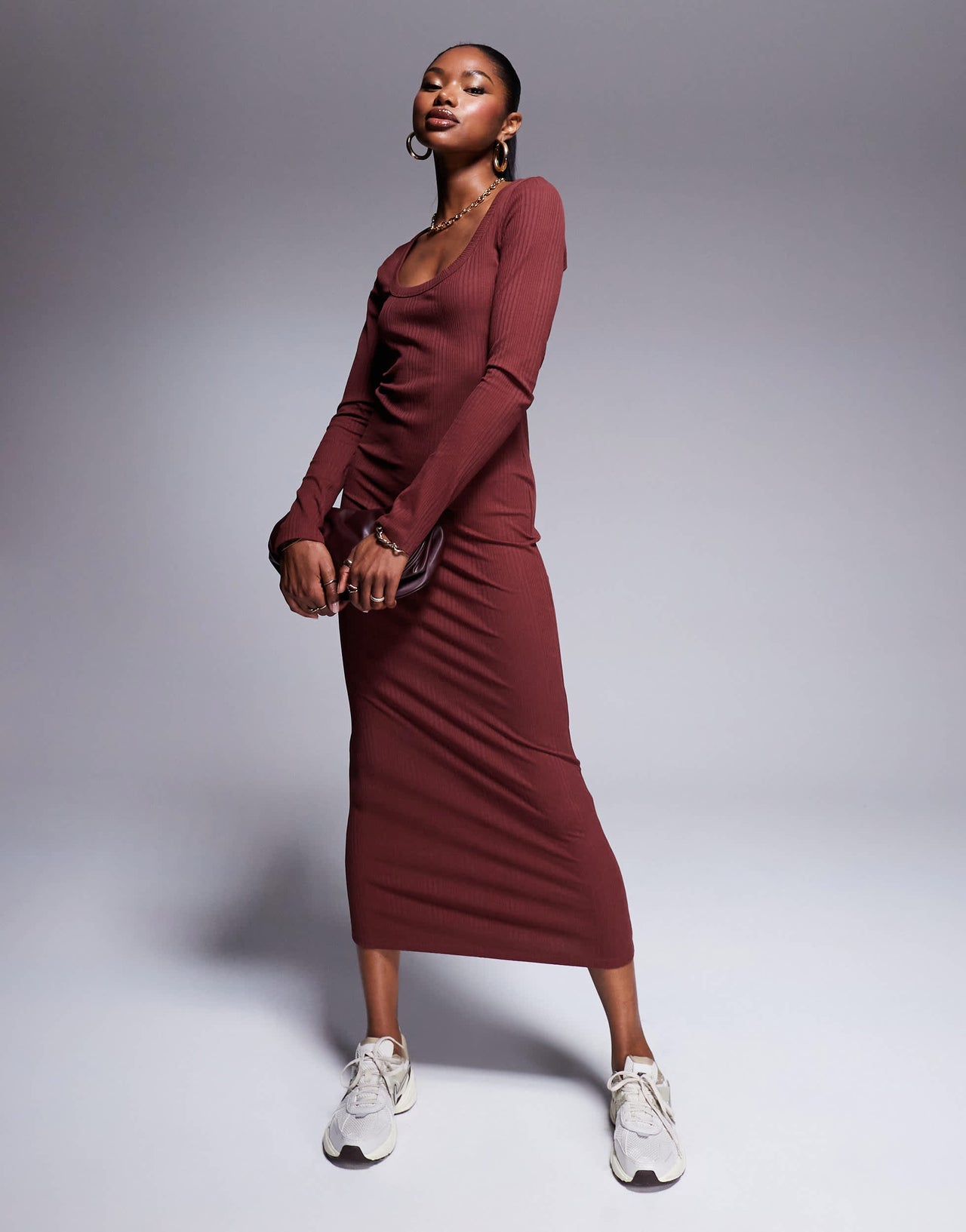 ASOS DESIGN spaced ribbed long sleeve scoop midi dress in burgundy
