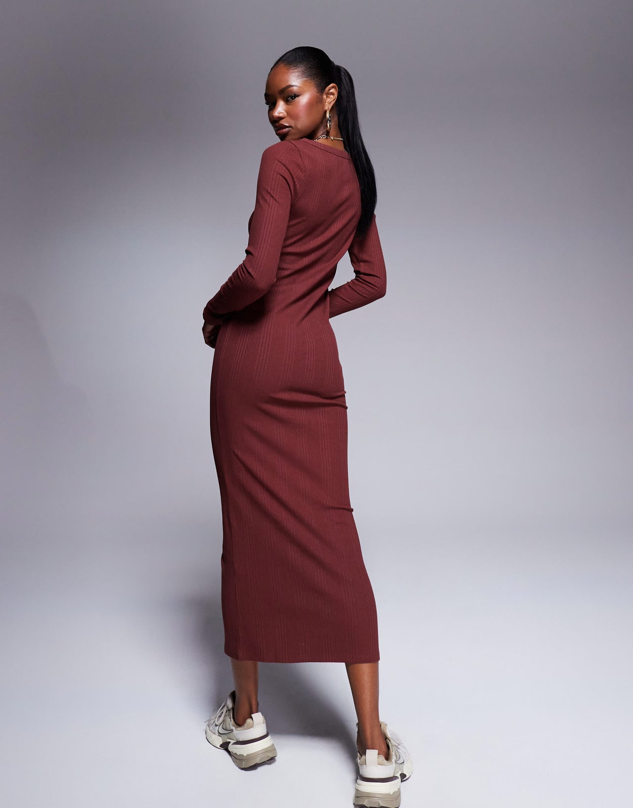 ASOS DESIGN spaced ribbed long sleeve scoop midi dress in burgundy