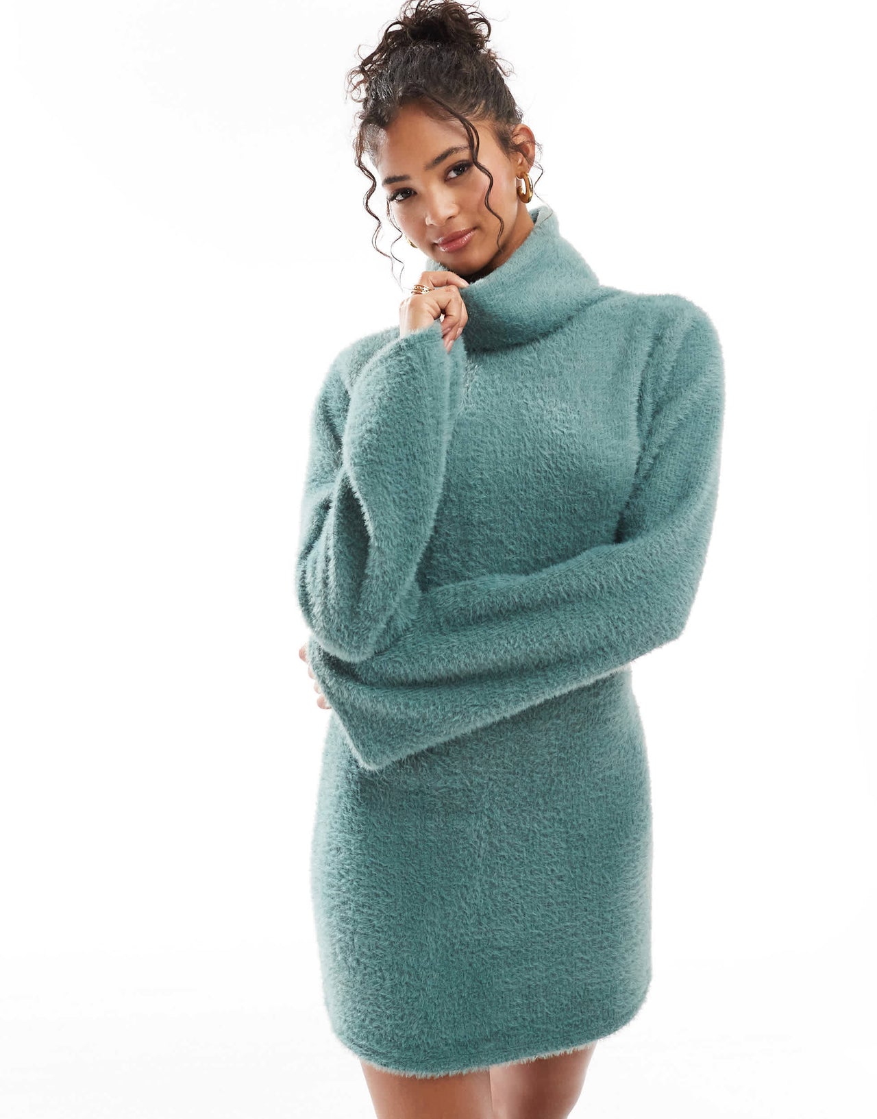 ASOS DESIGN supersoft fluffy roll neck mini jumper dress in green