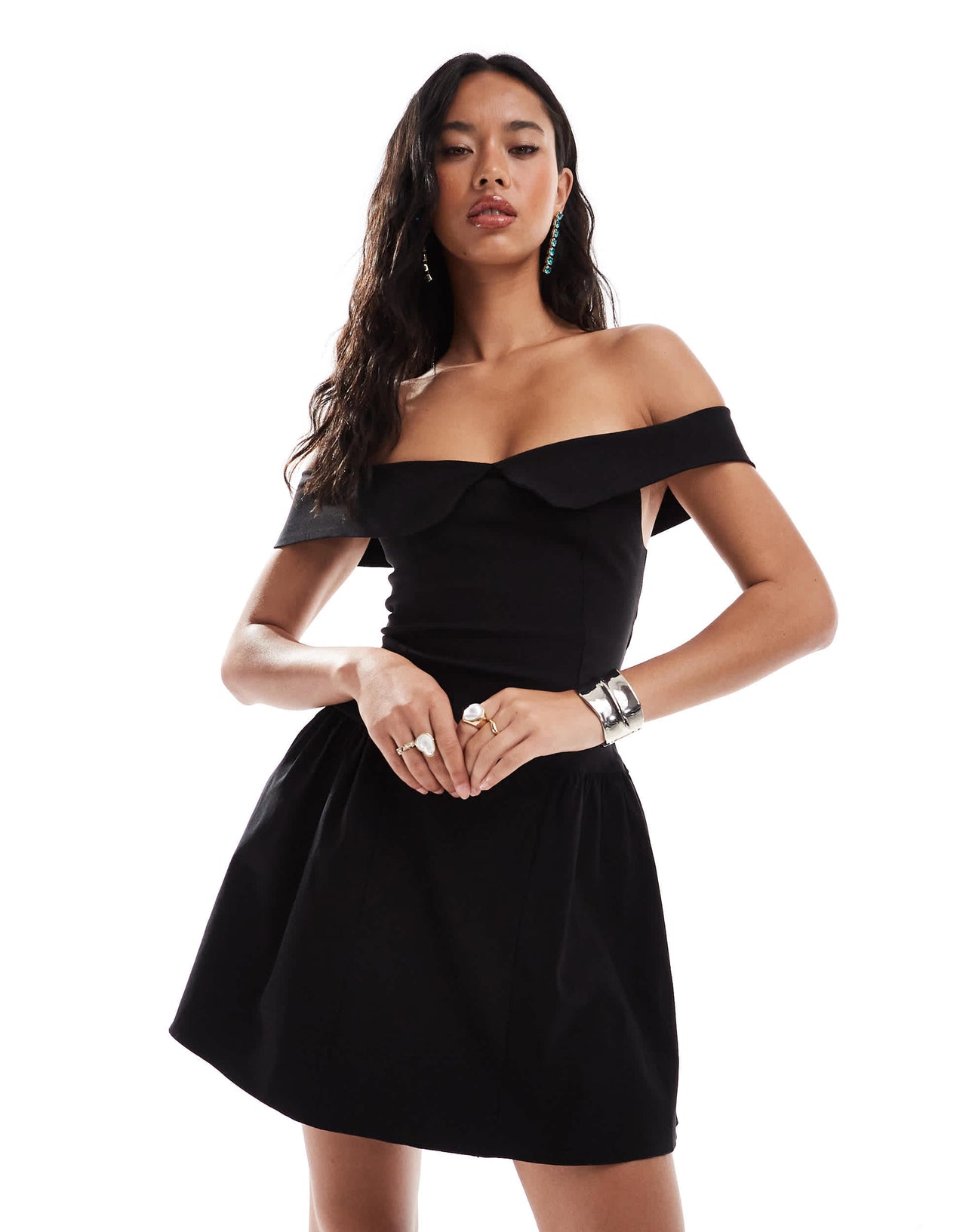 Vesper bengaline bardot foldover skater dress in black