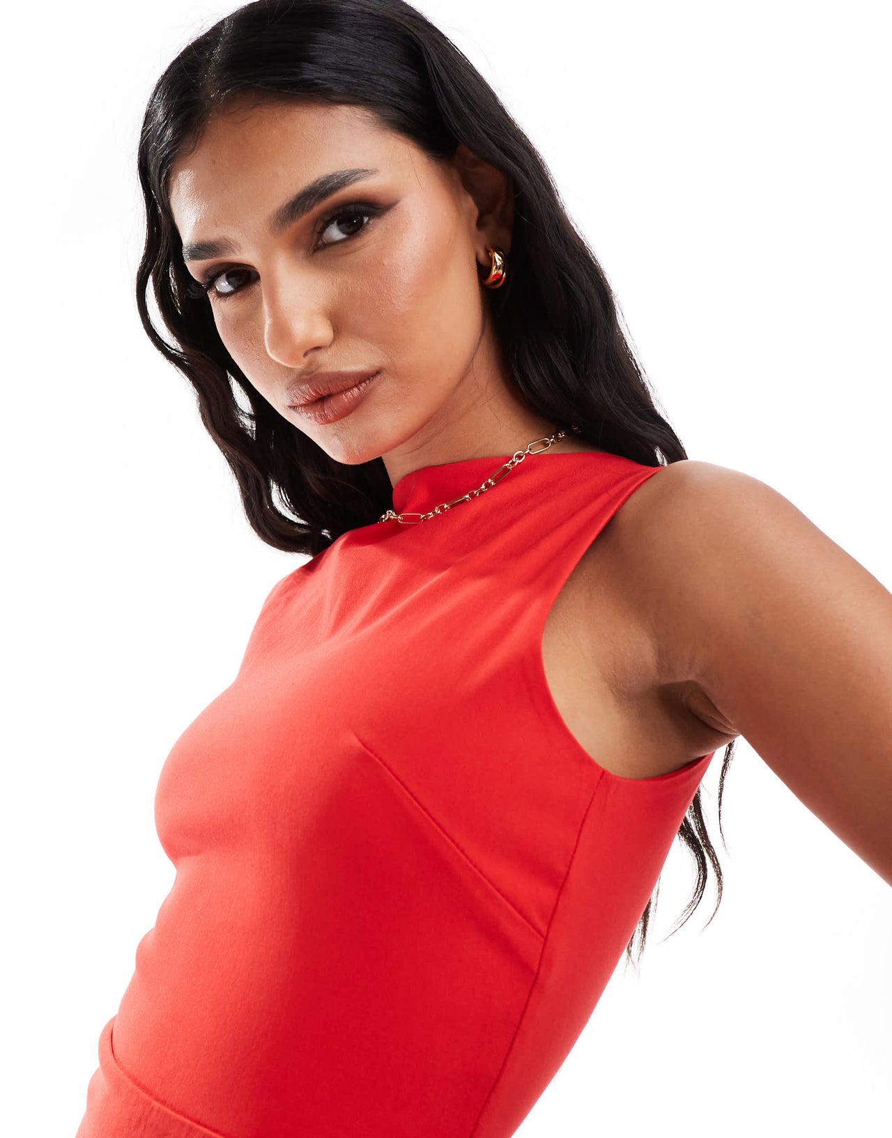 Vesper bengaline sleeveless high neck maxi dress in red