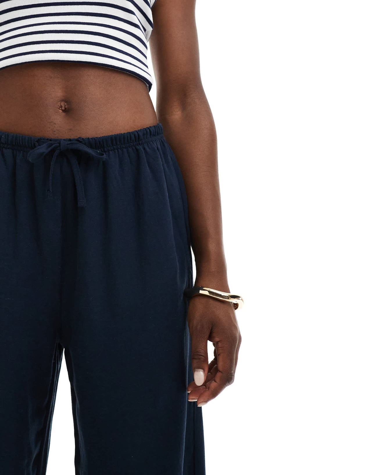 Bershka tie waist wide leg linen trousers in navy