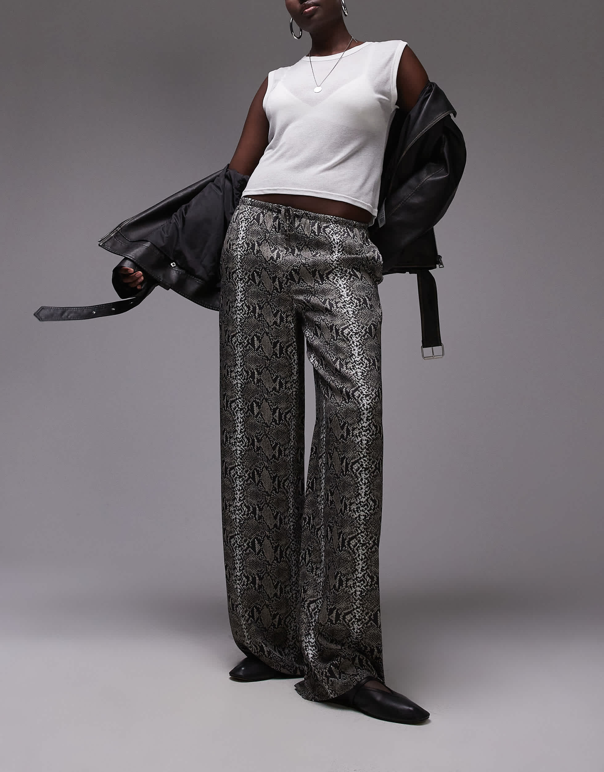 Topshop Tall satin wide leg with tie waist in snake