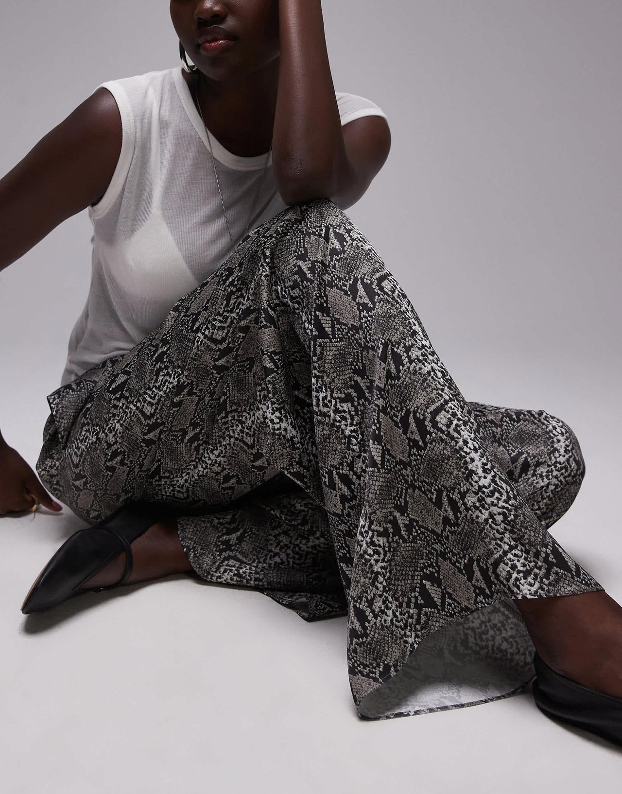 Topshop Tall satin wide leg with tie waist in snake