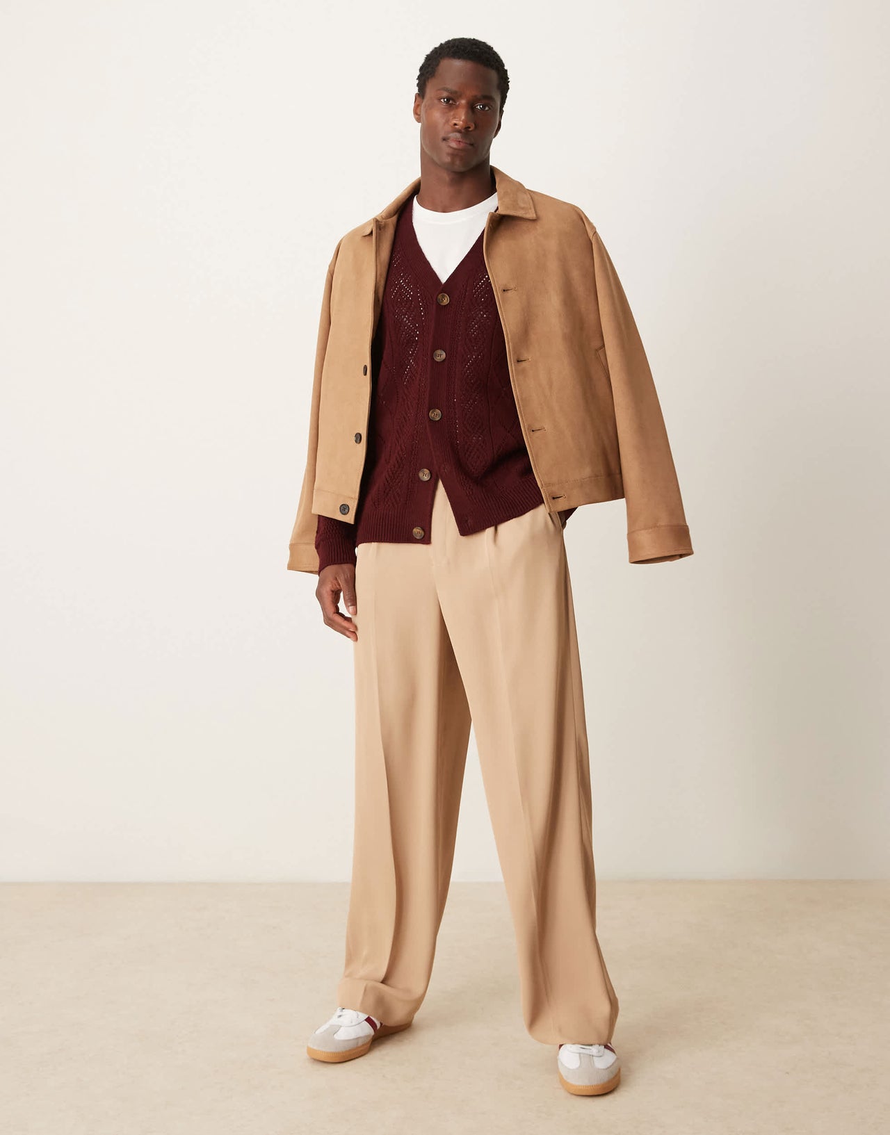 ASOS DESIGN relaxed knitted cardigan with aztec pattern in burgundy