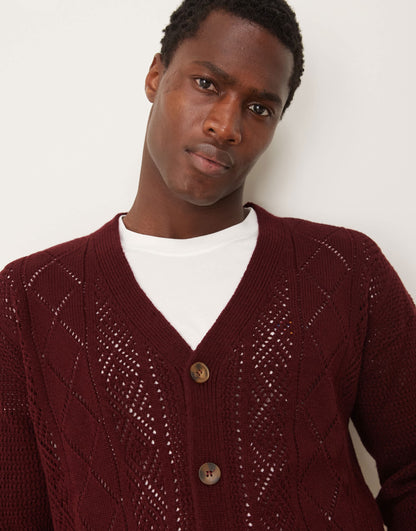 ASOS DESIGN relaxed knitted cardigan with aztec pattern in burgundy