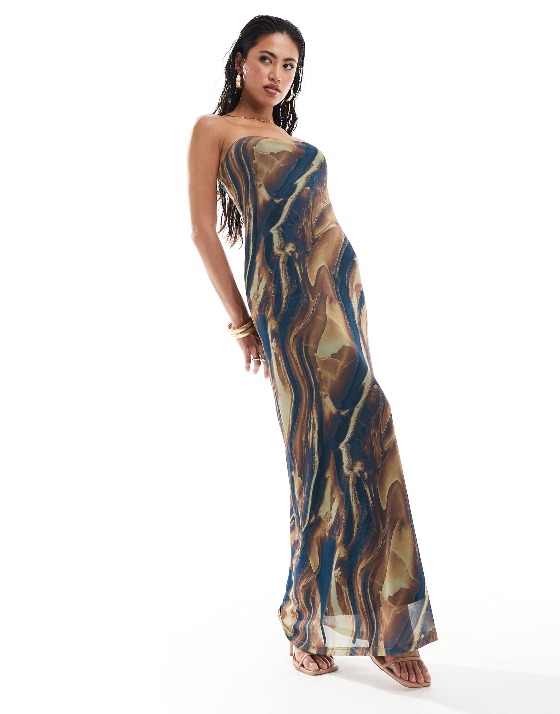 ASOS DESIGN marble bandeau maxi dress in brown