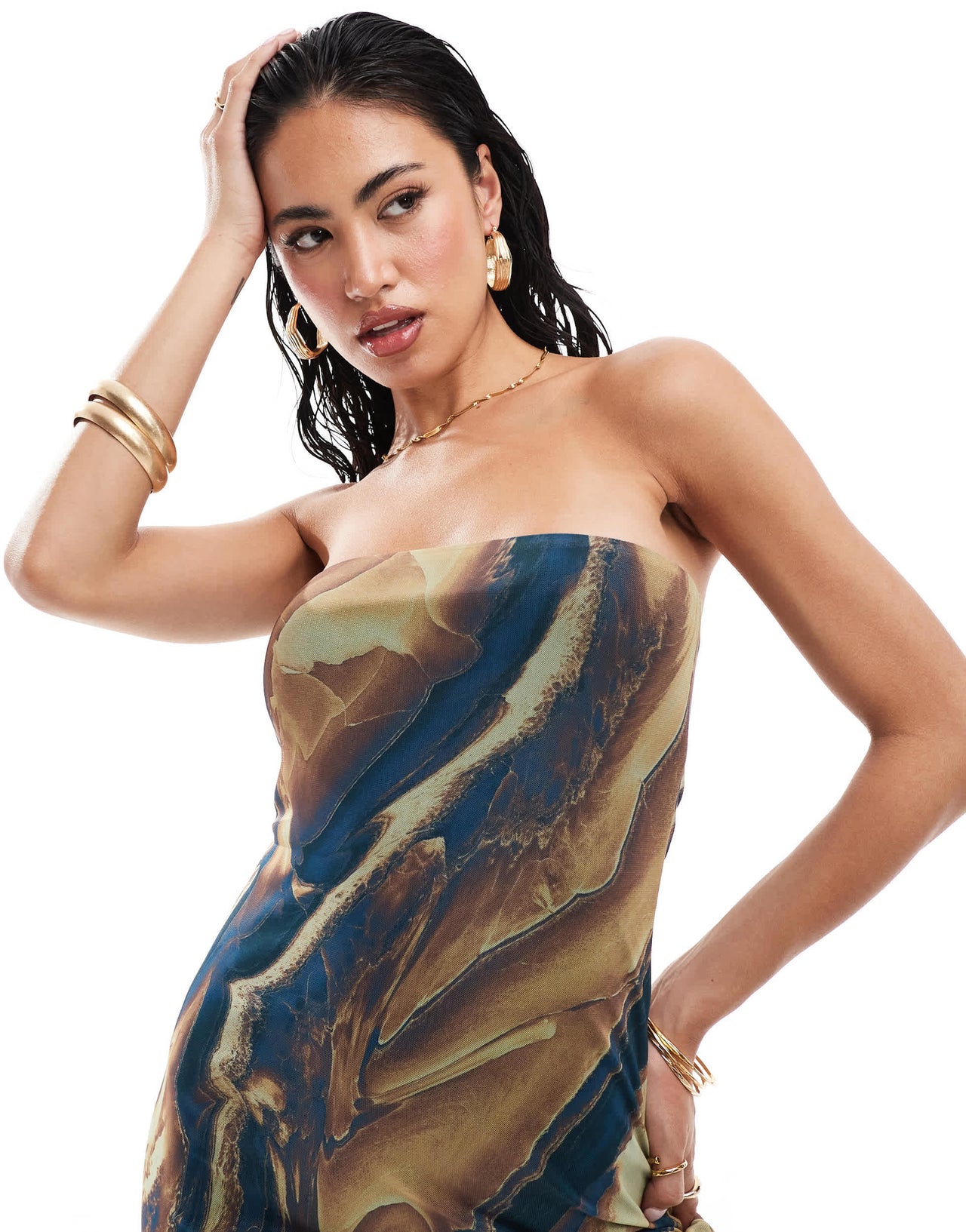 ASOS DESIGN marble bandeau maxi dress in brown