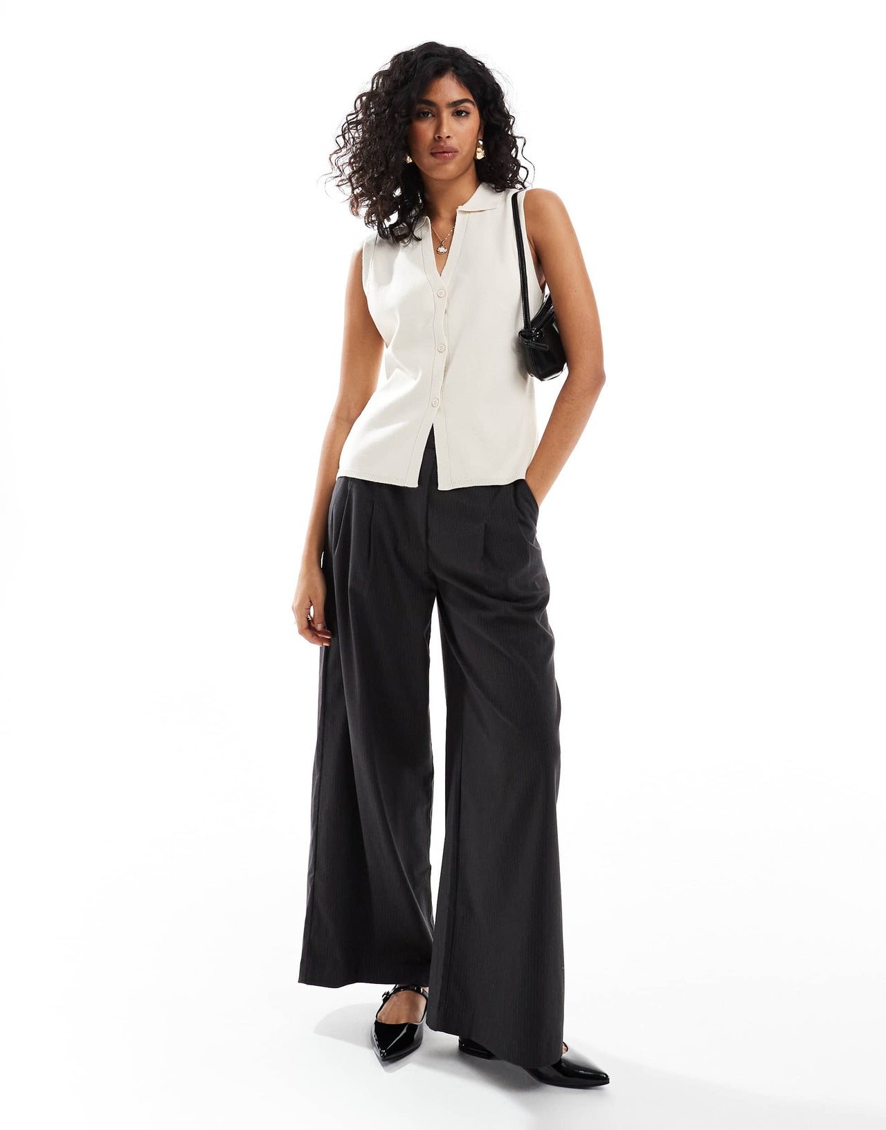 ASOS DESIGN knitted collared waistcoat in ecru