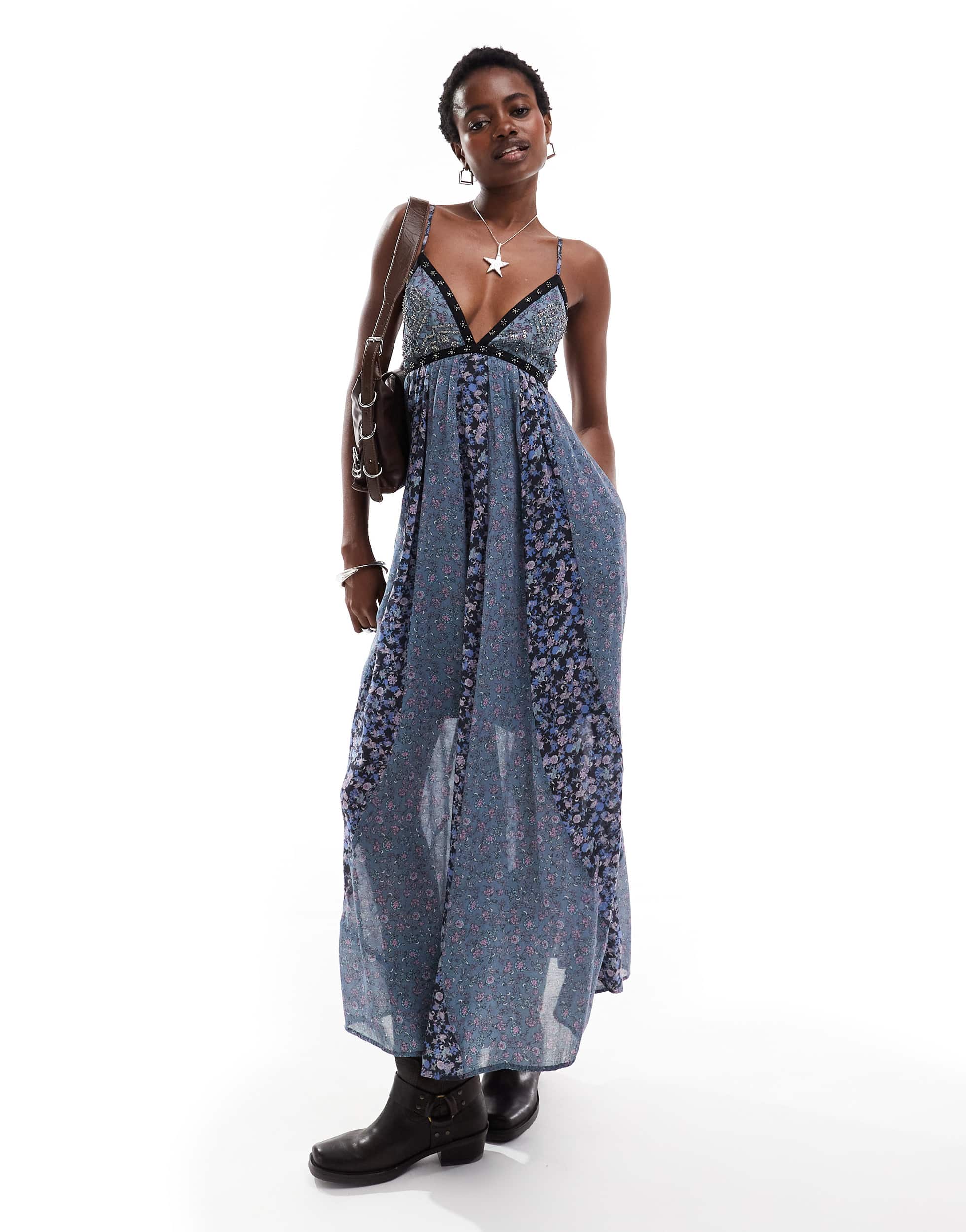 Free People beaded detail printed cami midi dress in blue