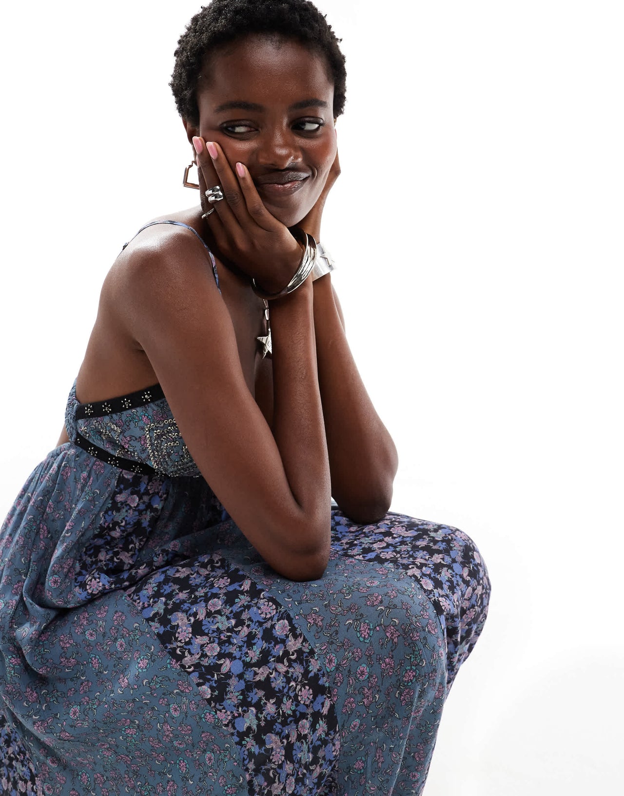 Free People beaded detail printed cami midi dress in blue