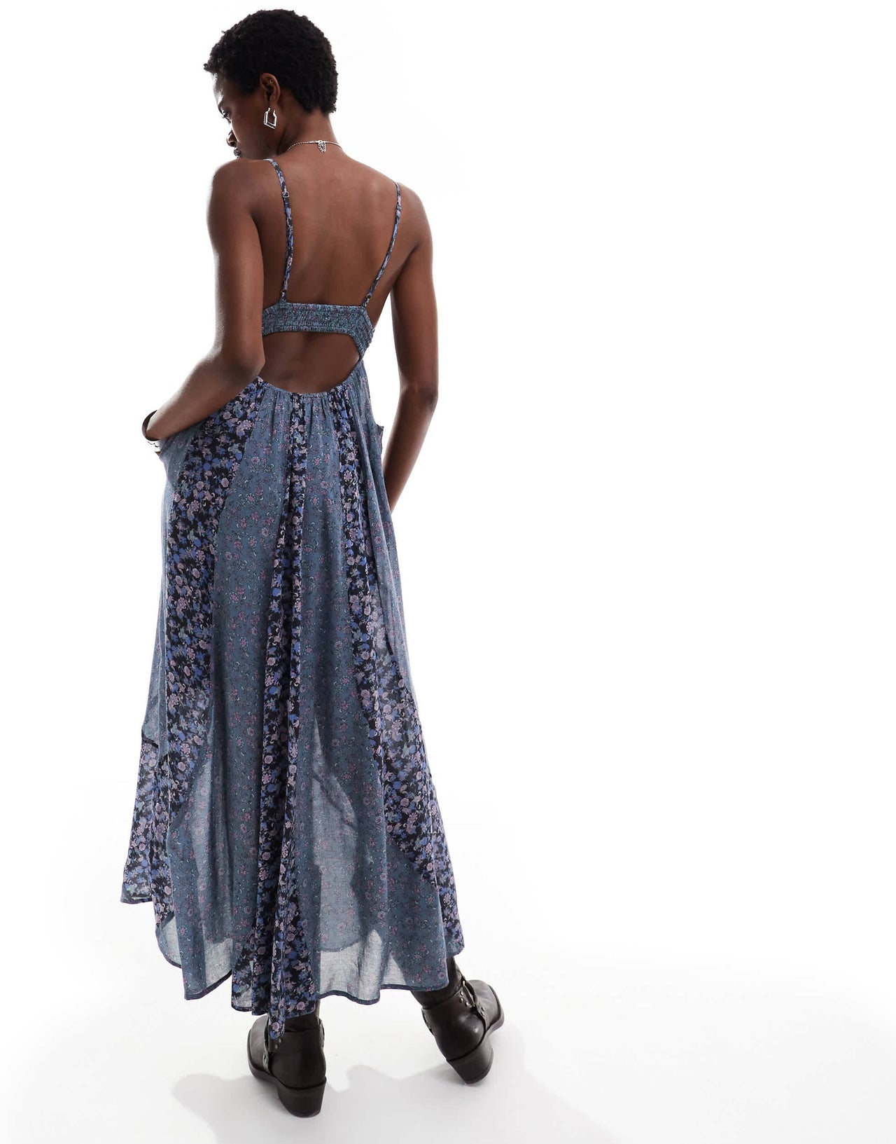 Free People beaded detail printed cami midi dress in blue