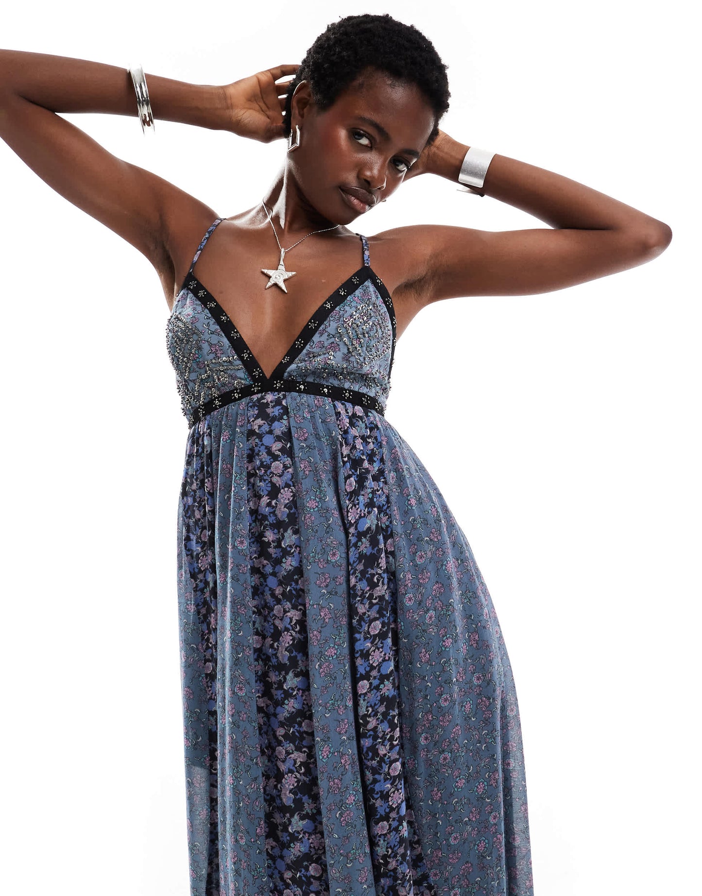 Free People beaded detail printed cami midi dress in blue
