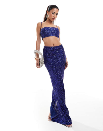 ASOS DESIGN co-ord sequin column midi skirt in blue