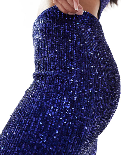 ASOS DESIGN co-ord sequin column midi skirt in blue