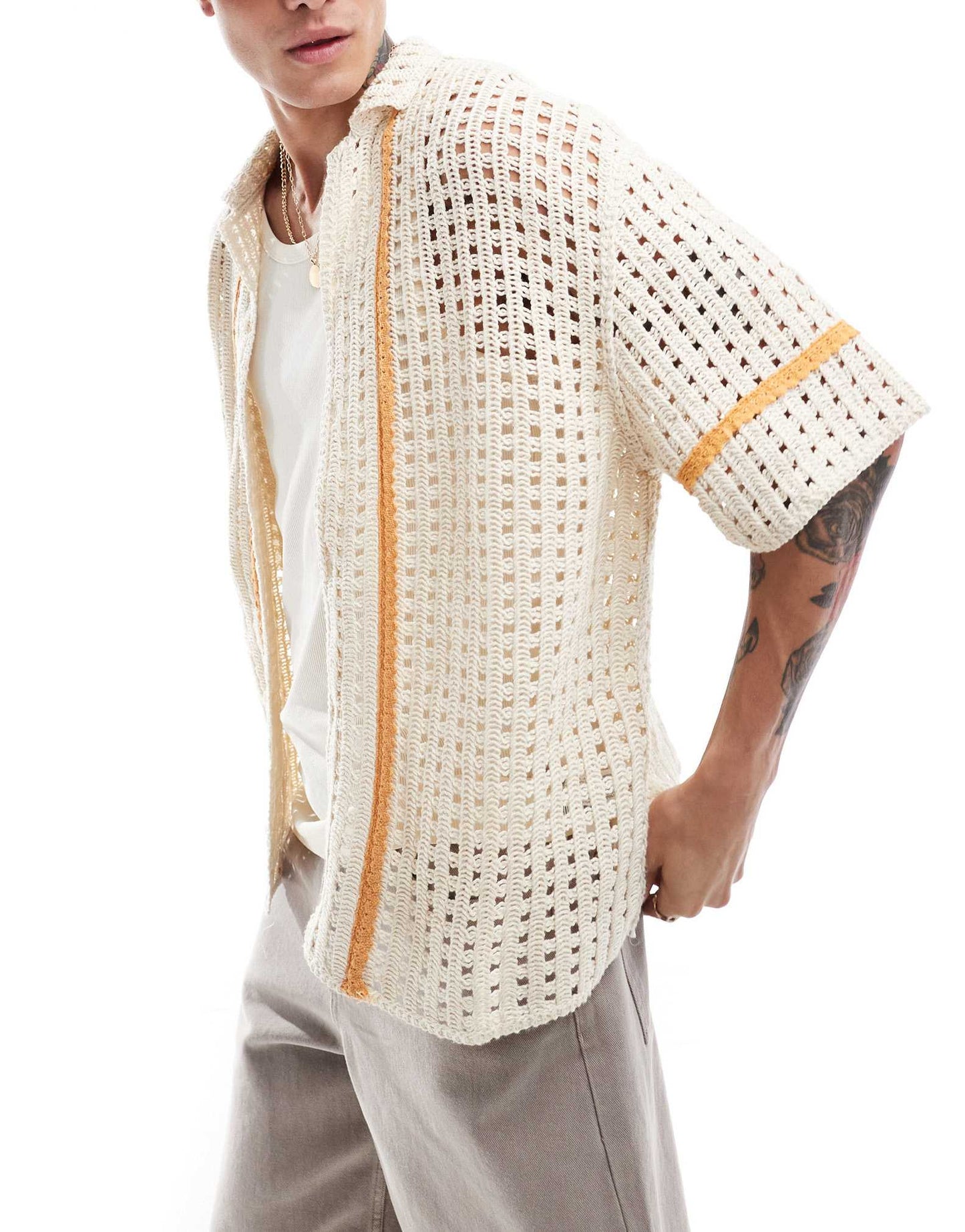 Pull&Bear crochet orange stripe shirt in ecru