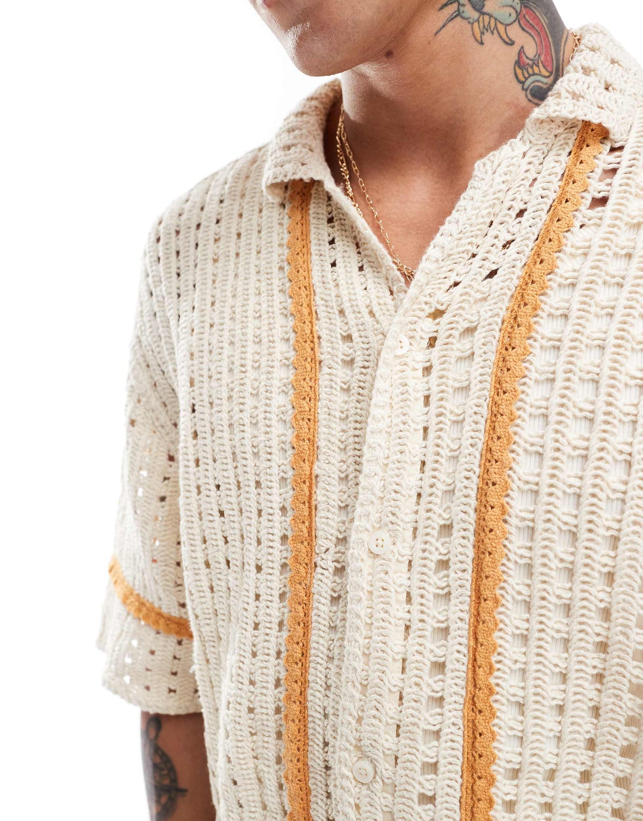 Pull&Bear crochet orange stripe shirt in ecru