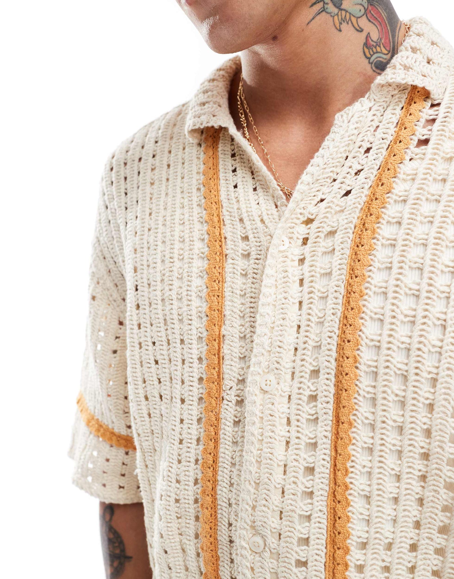 Pull&Bear crochet orange stripe shirt in ecru