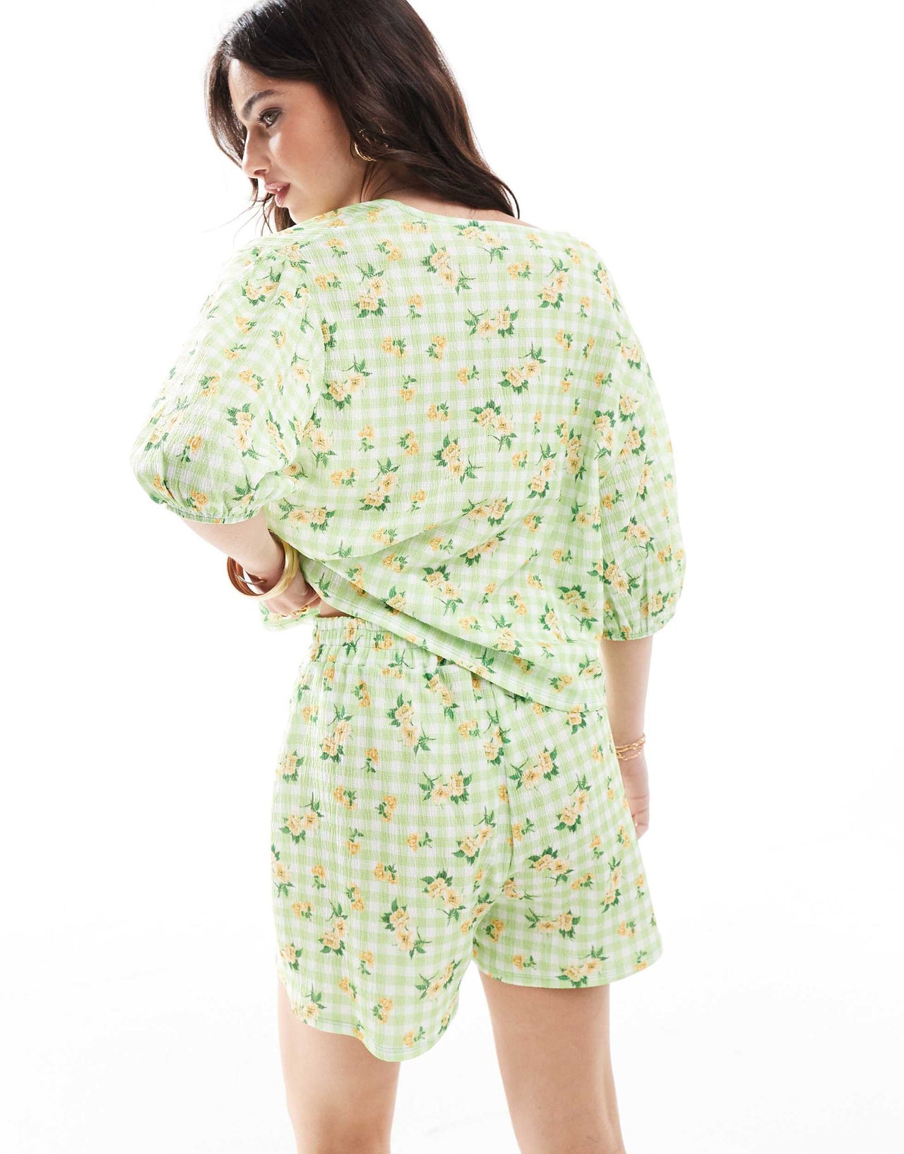 ASOS DESIGN long line short co-ord in green gingham floral print