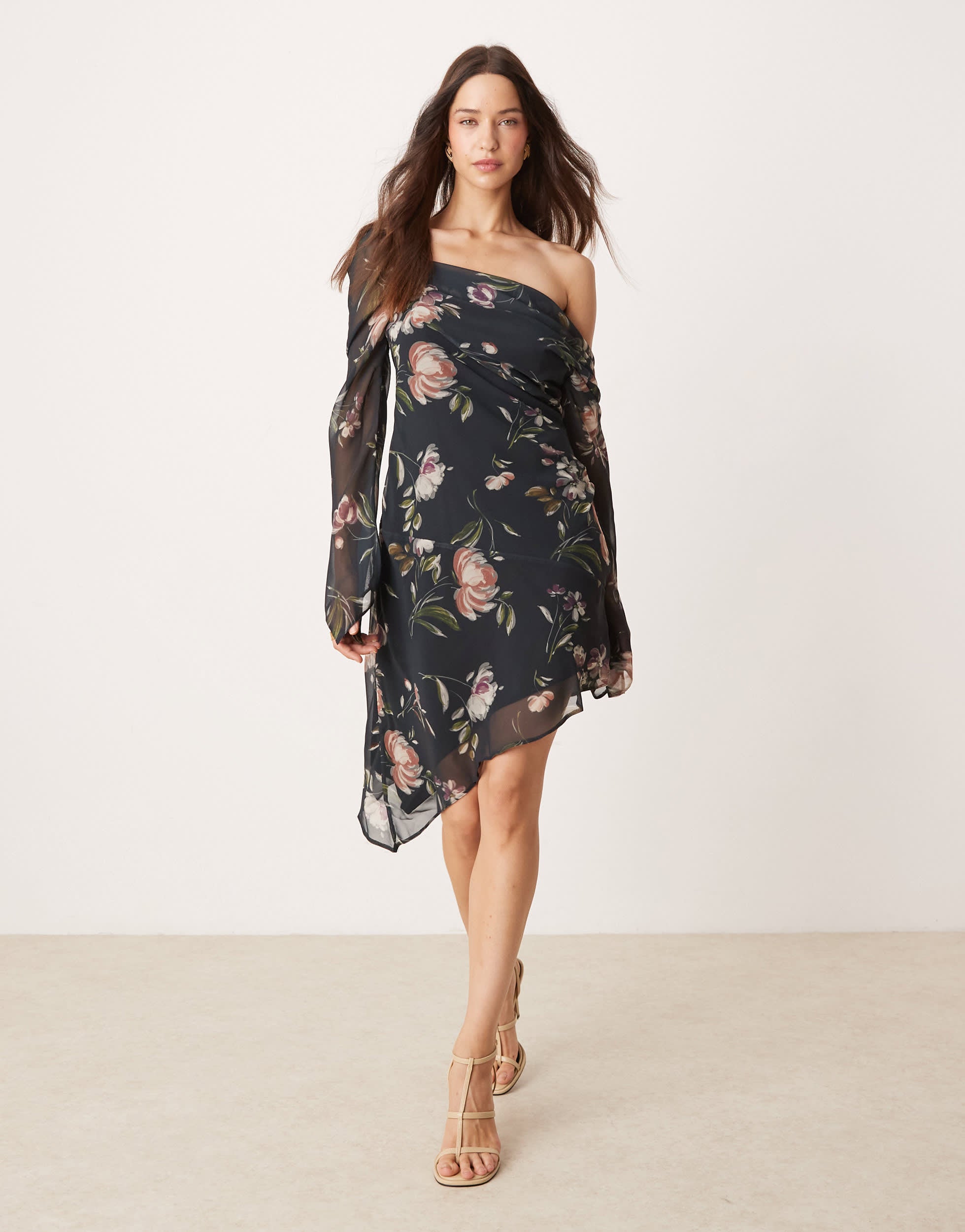 ASOS DESIGN asymmetric floral print long sleeve dress