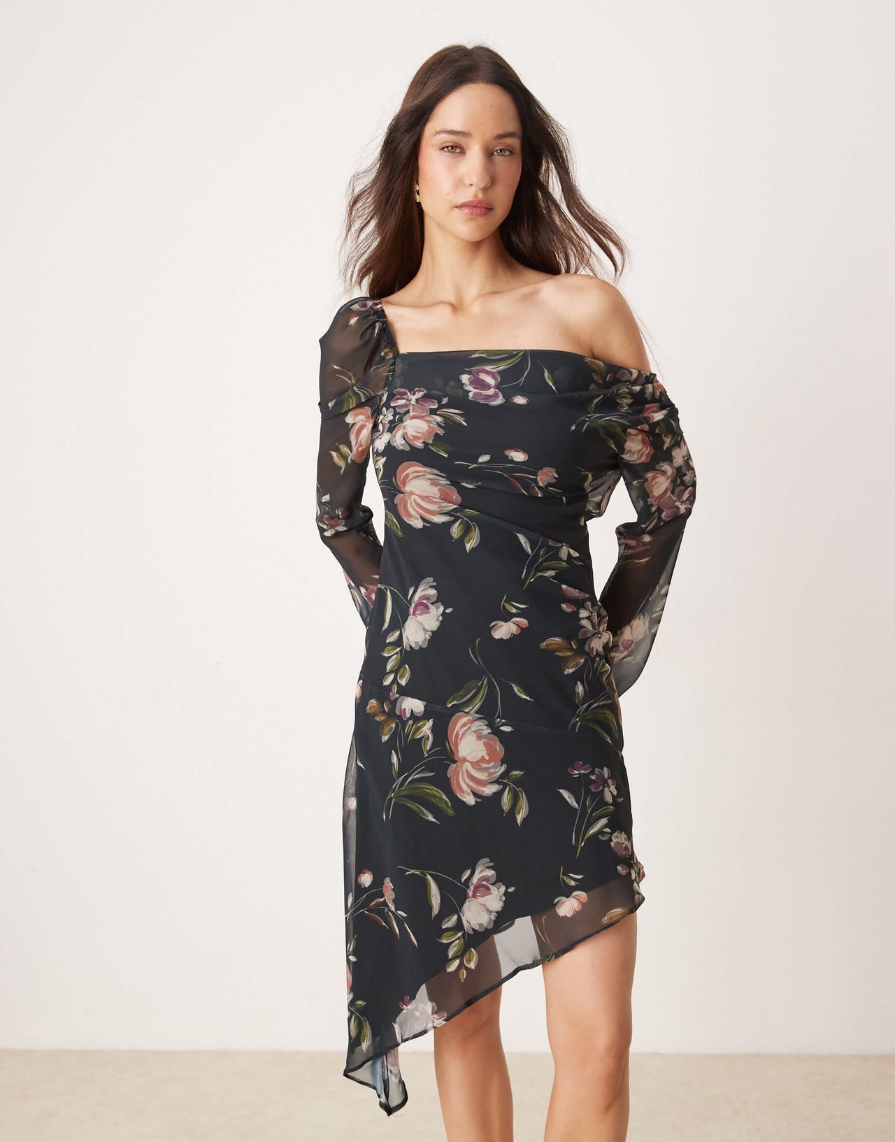 ASOS DESIGN asymmetric floral print long sleeve dress
