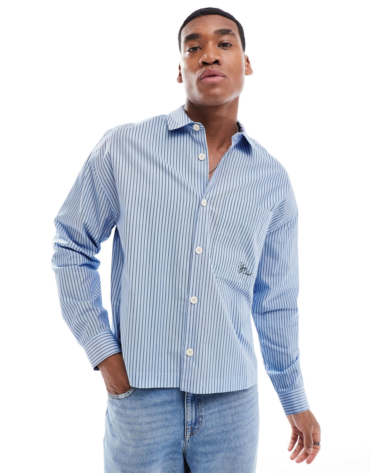 ASOS DESIGN oversized boxy shirt with embroidery in blue stripe