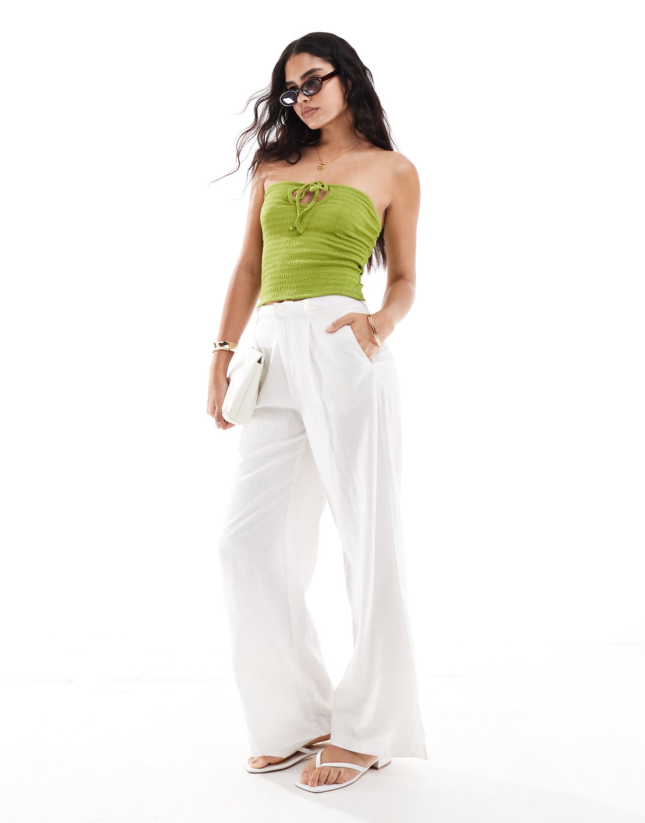 ASOS DESIGN textured tie keyhole detail bandeau top in lime