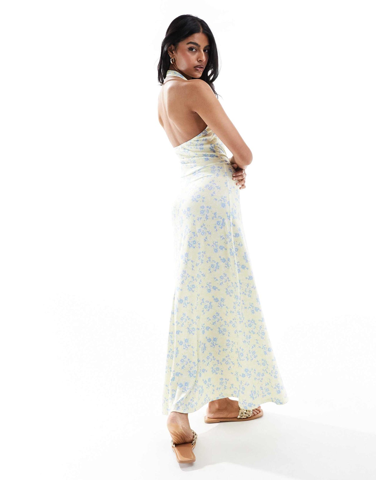 ASOS DESIGN halter full skirt midi dress in yellow ditsy floral