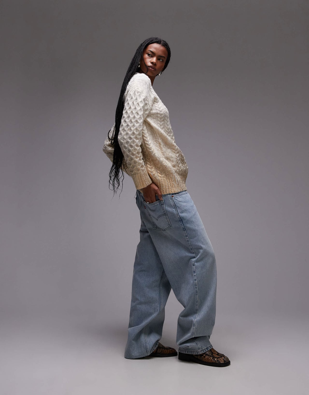 Topshop knitted metallic cable relaxed jumper in gold