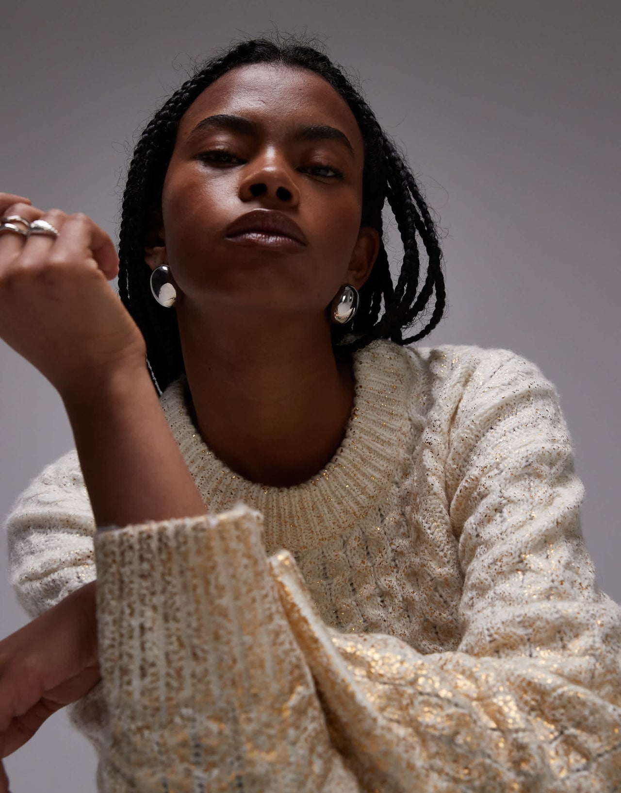 Topshop knitted metallic cable relaxed jumper in gold