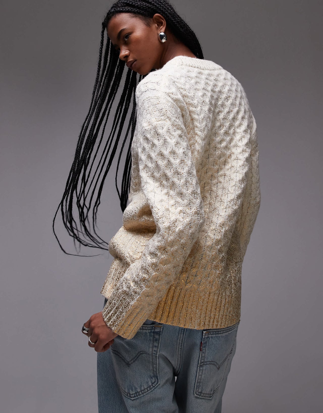 Topshop knitted metallic cable relaxed jumper in gold