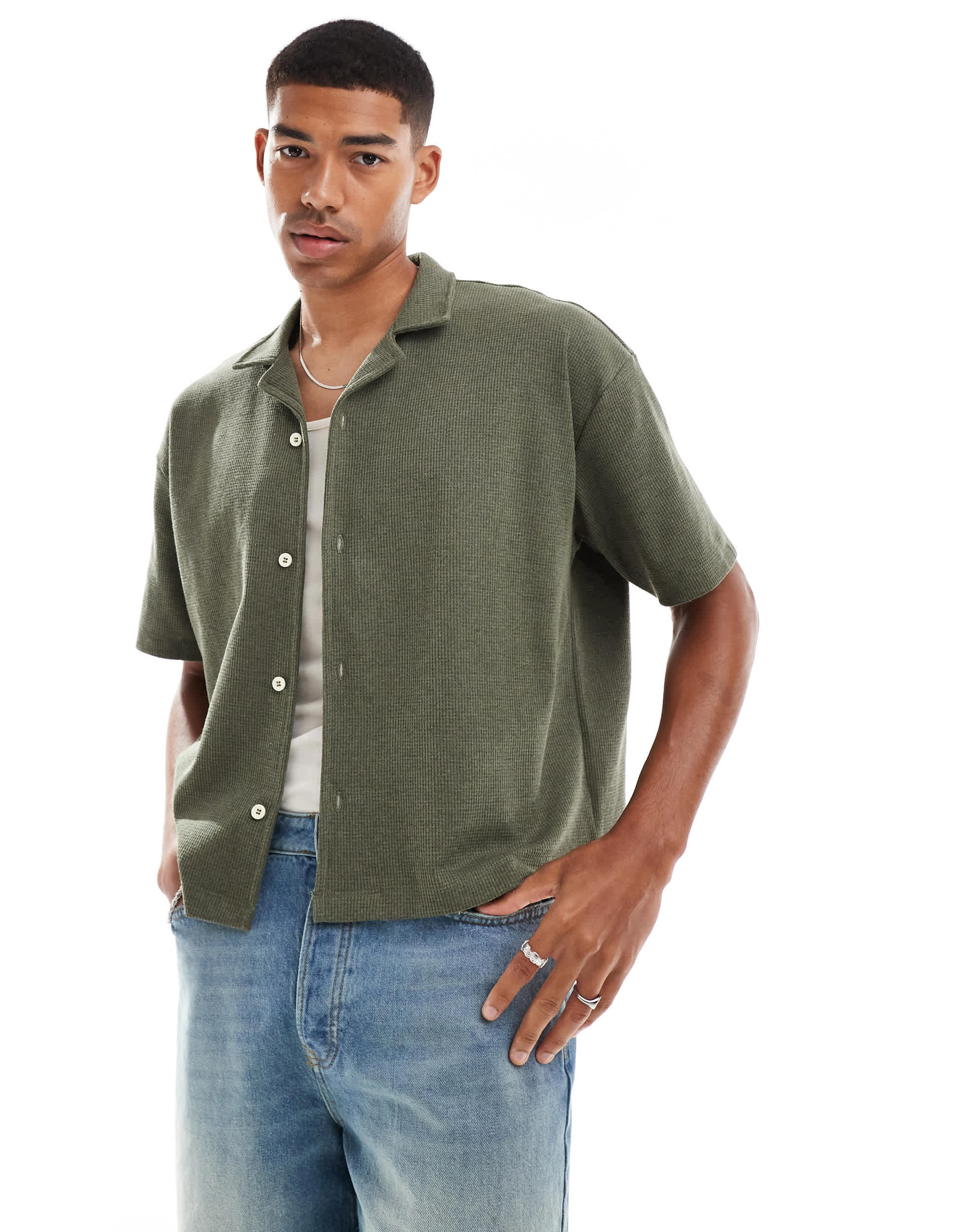 ASOS DESIGN oversized boxy jersey shirt with texture in khaki