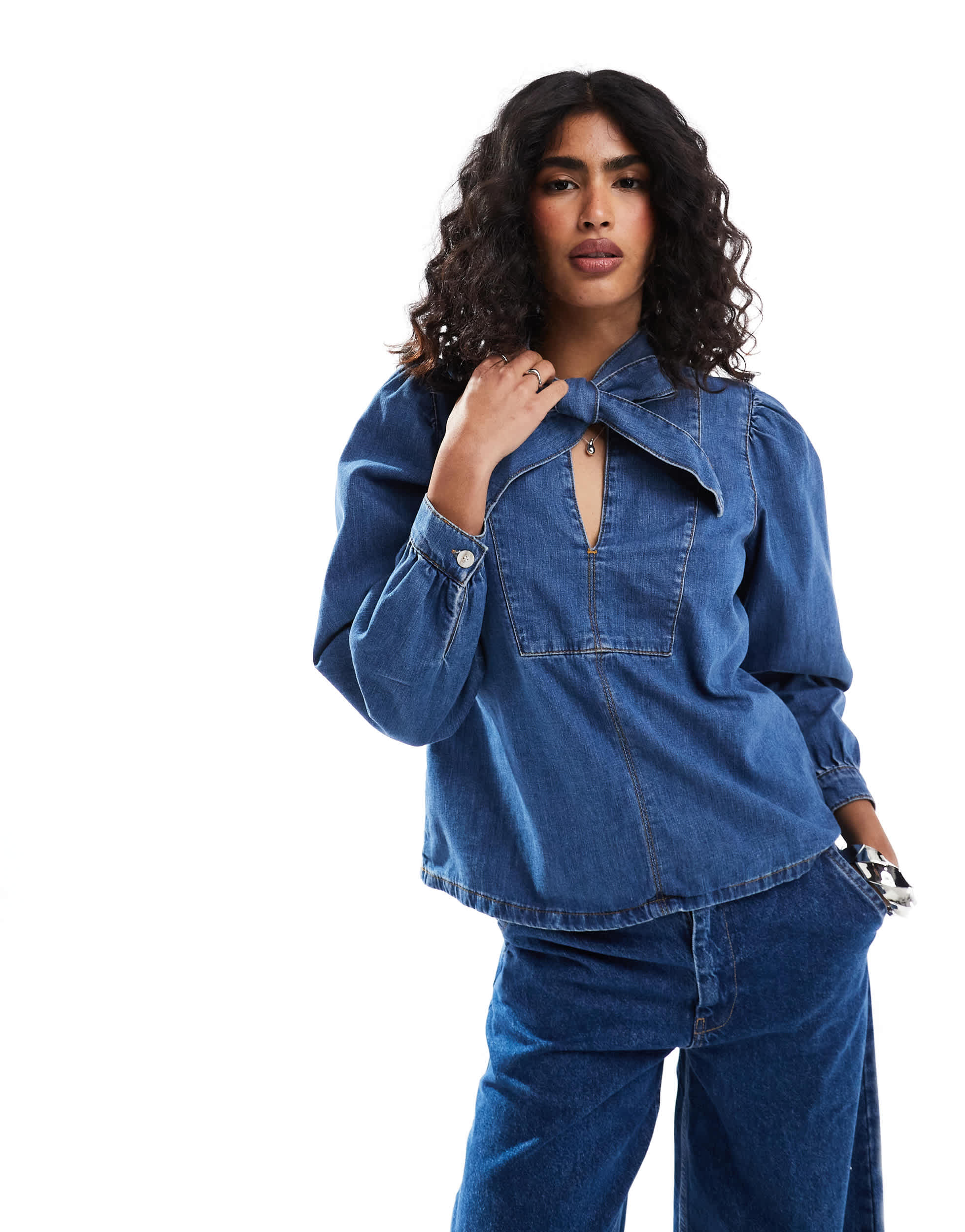 ASOS DESIGN denim bow neck shirt in mid blue