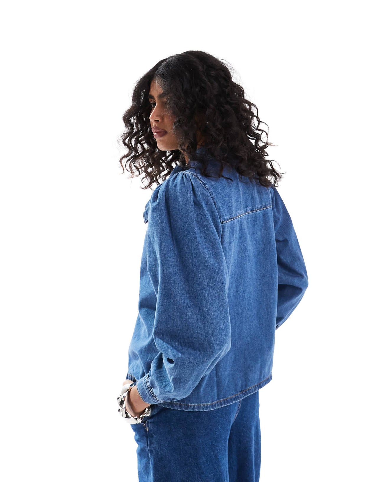 ASOS DESIGN denim bow neck shirt in mid blue