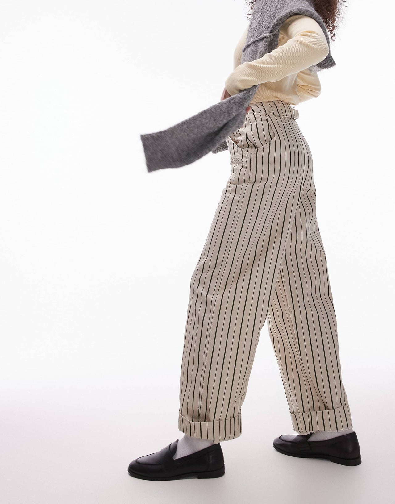 Topshop stripe wide leg turn back hem trouser in stone