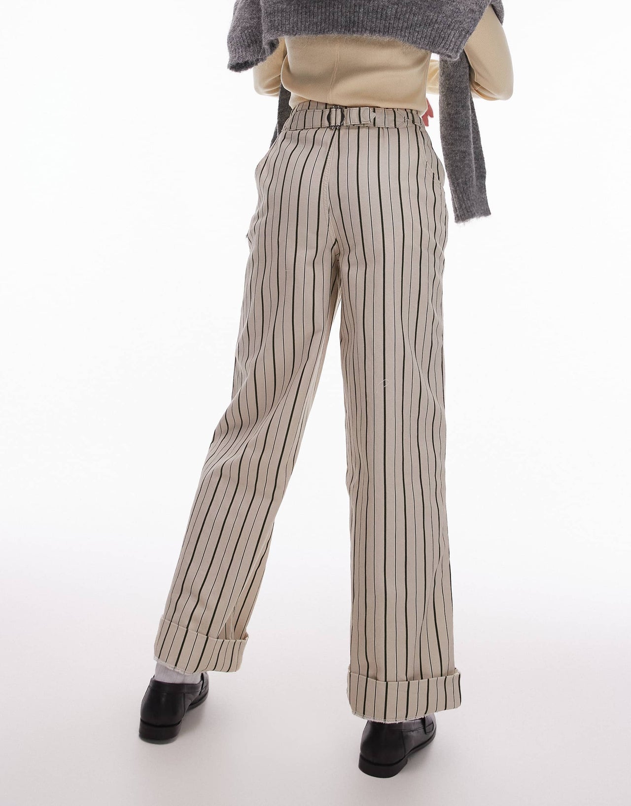 Topshop stripe wide leg turn back hem trouser in stone