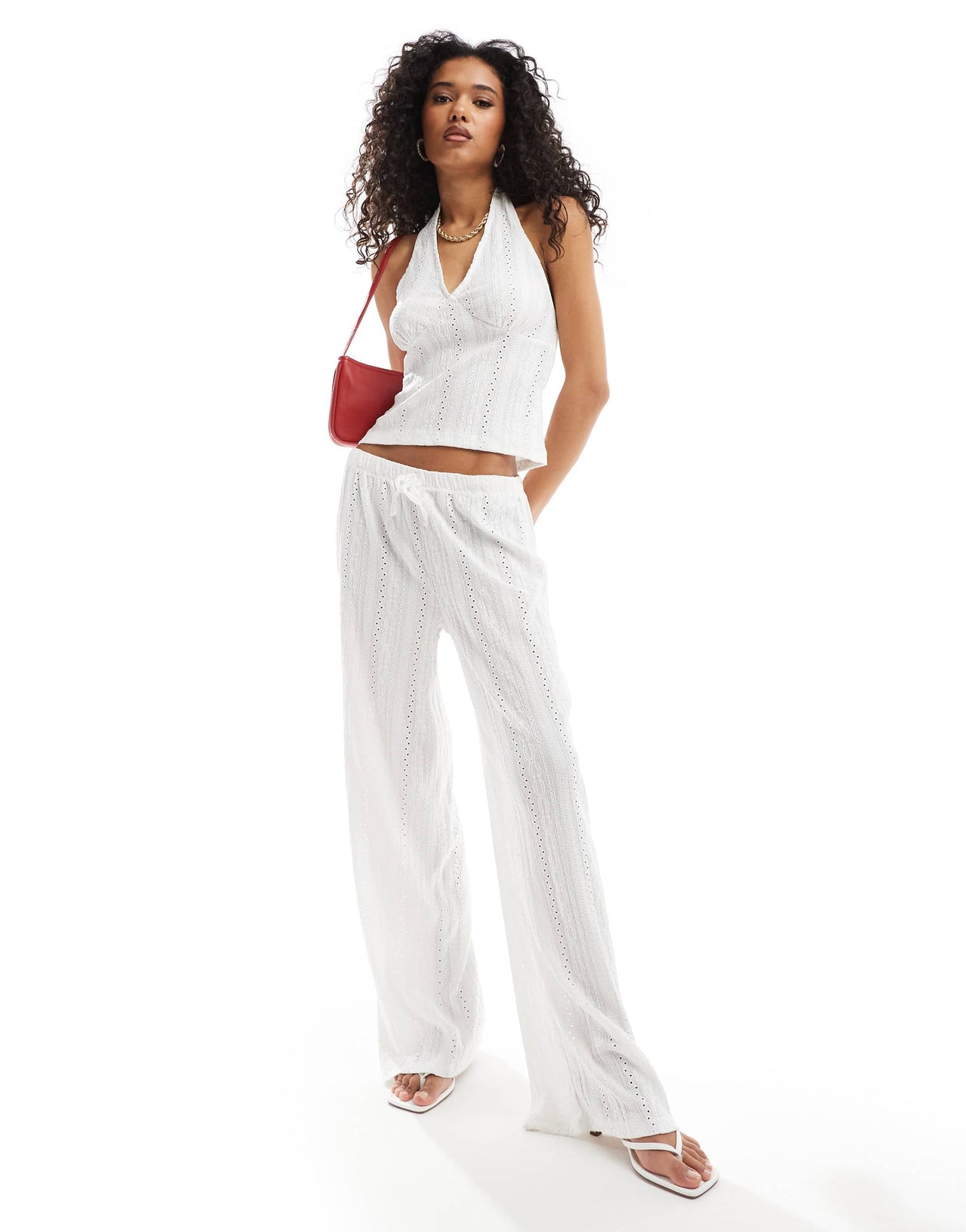 ASOS DESIGN halter open back broderie top co ord in ivory
