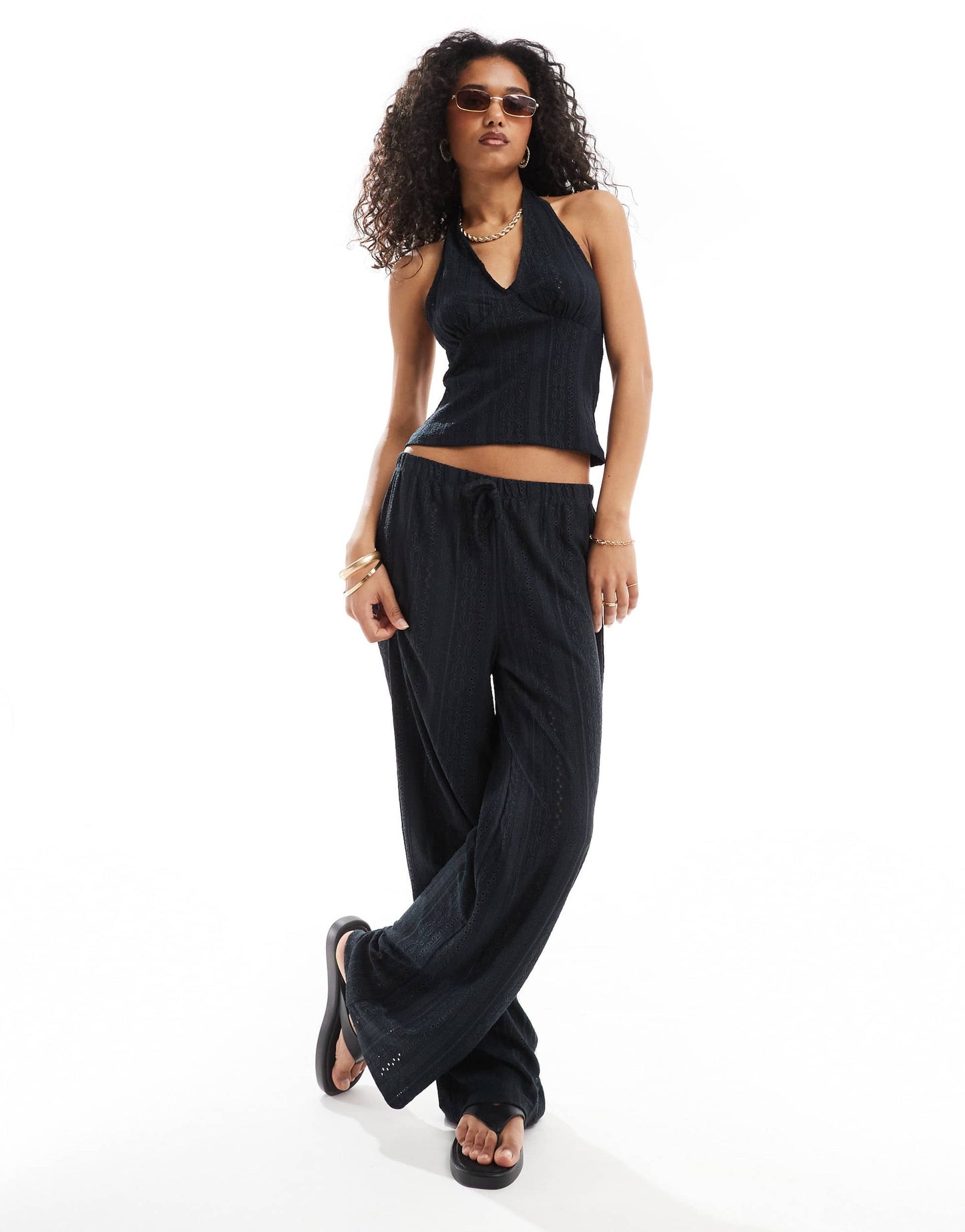 ASOS DESIGN halter open back broderie top co ord in black