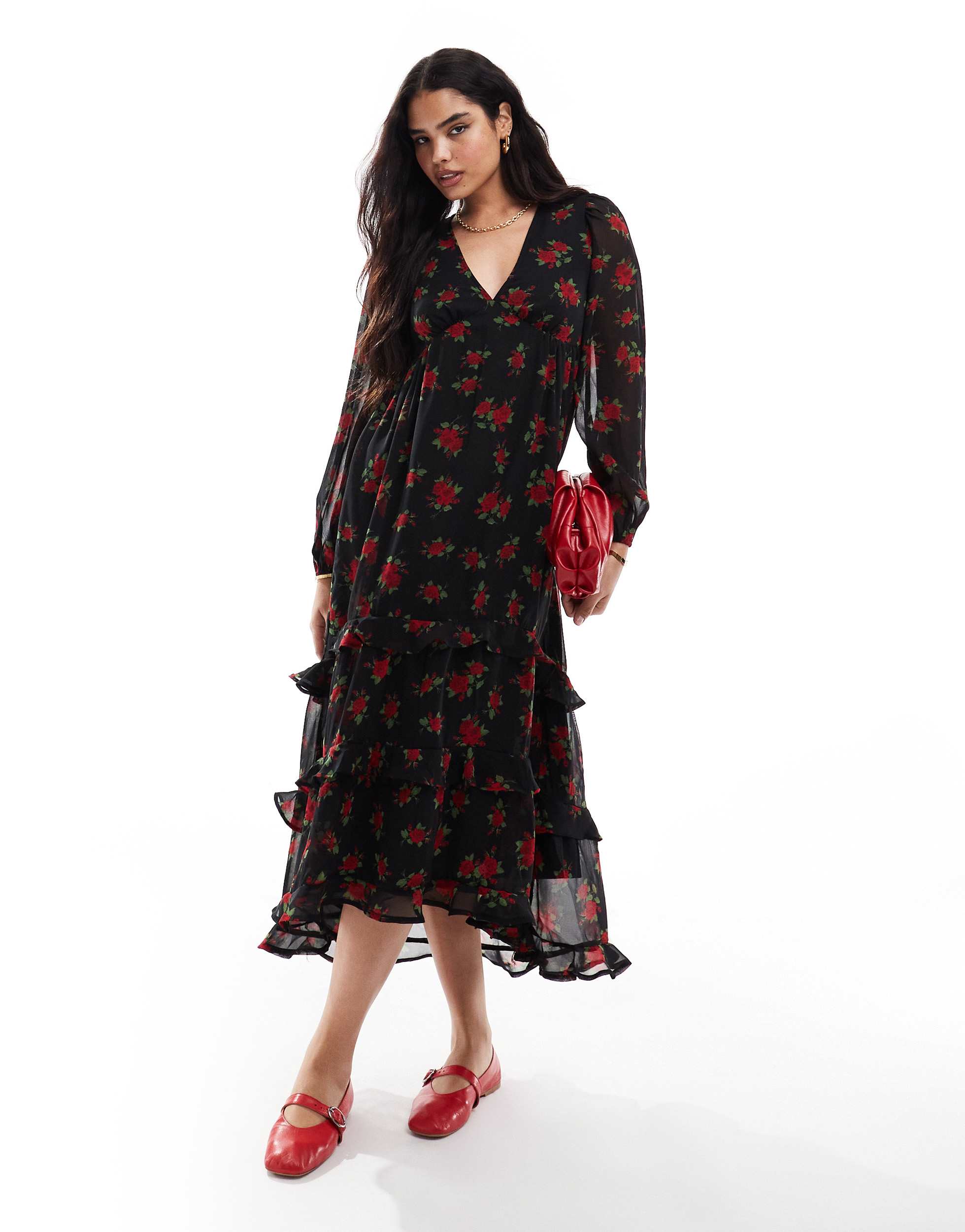 Wednesday's Girl tiered rose print floaty midaxi dress in multi red