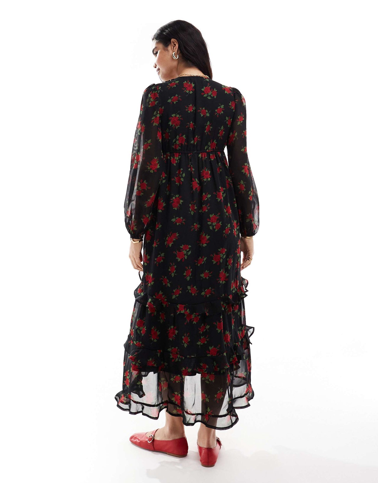 Wednesday's Girl tiered rose print floaty midaxi dress in multi red