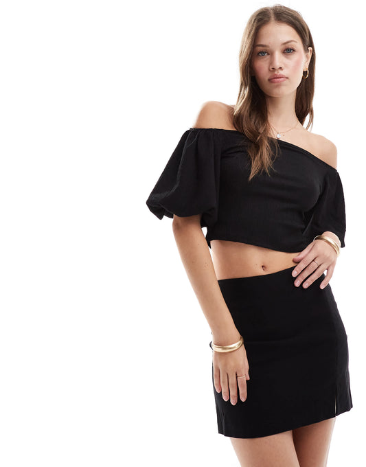 ASOS DESIGN textured puff sleeve bardot top in black