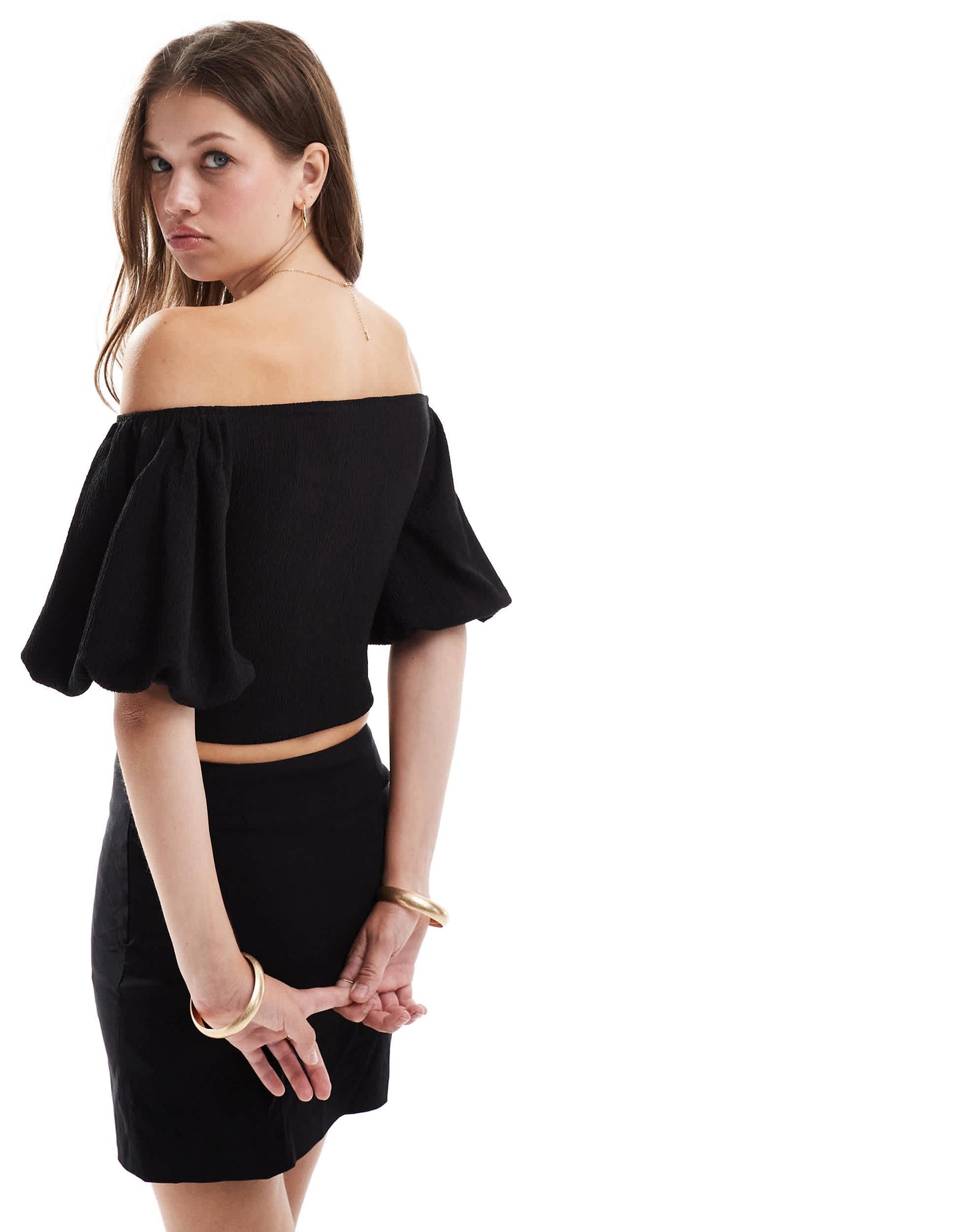 ASOS DESIGN textured puff sleeve bardot top in black