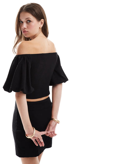 ASOS DESIGN textured puff sleeve bardot top in black