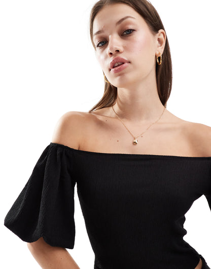 ASOS DESIGN textured puff sleeve bardot top in black
