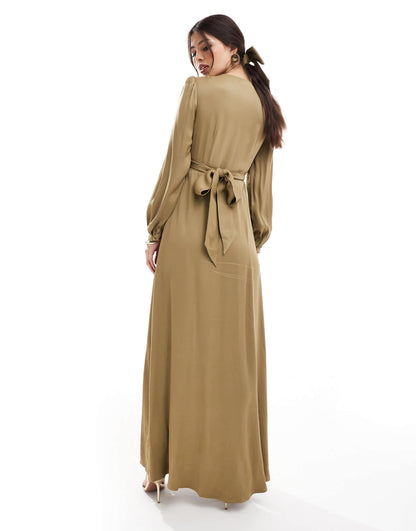 Maids to Measure Bridesmaid long sleeve button front maxi dress in olive
