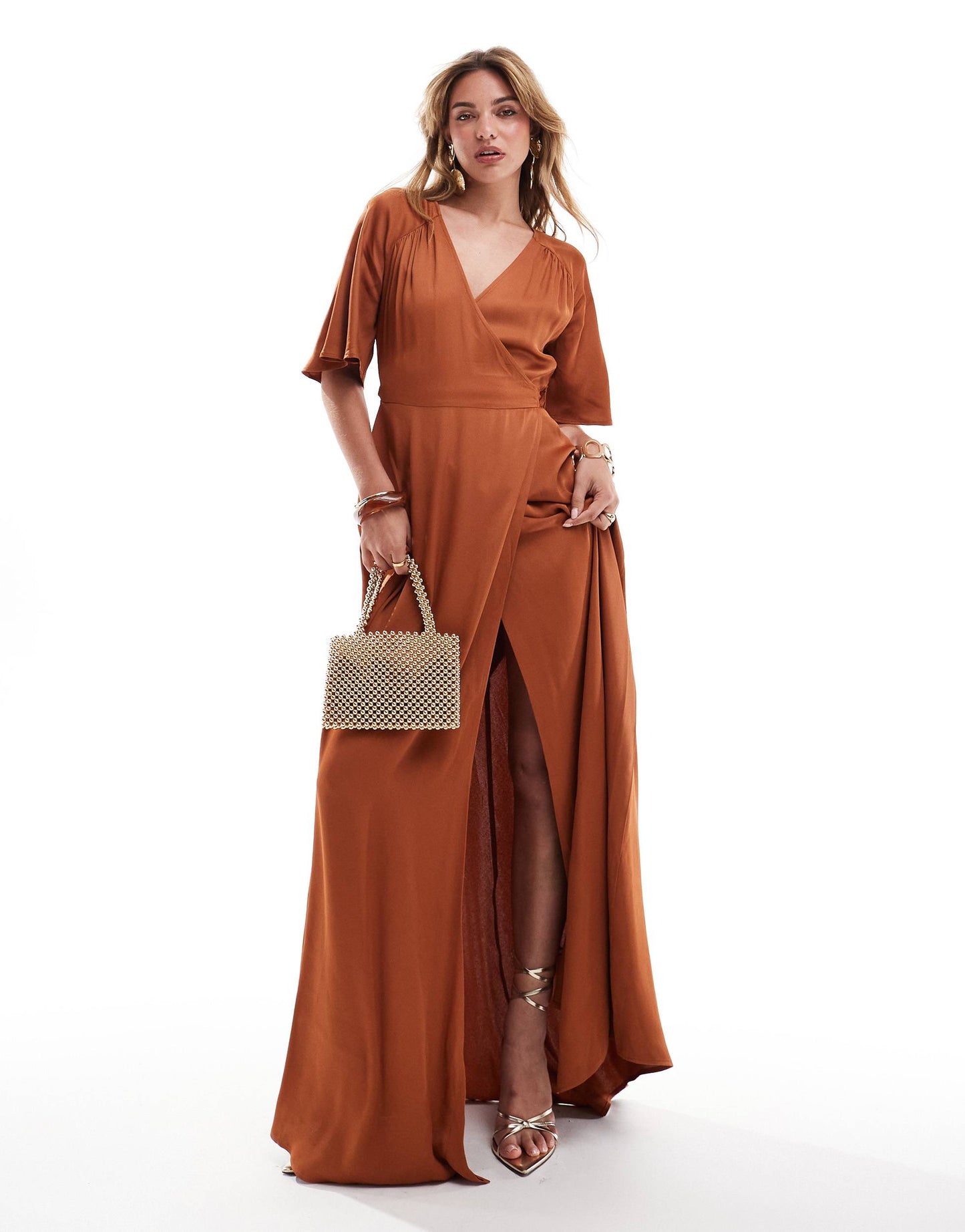 Maids to Measure Bridesmaid wrap front maxi dress in burnt orange