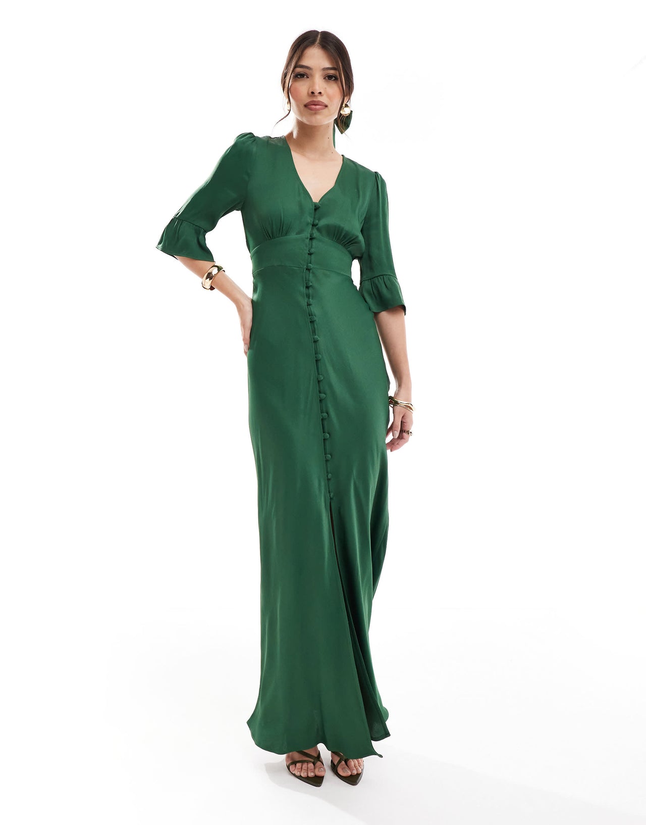 Maids to Measure Bridesmaid v neck button front maxi dress in emerald