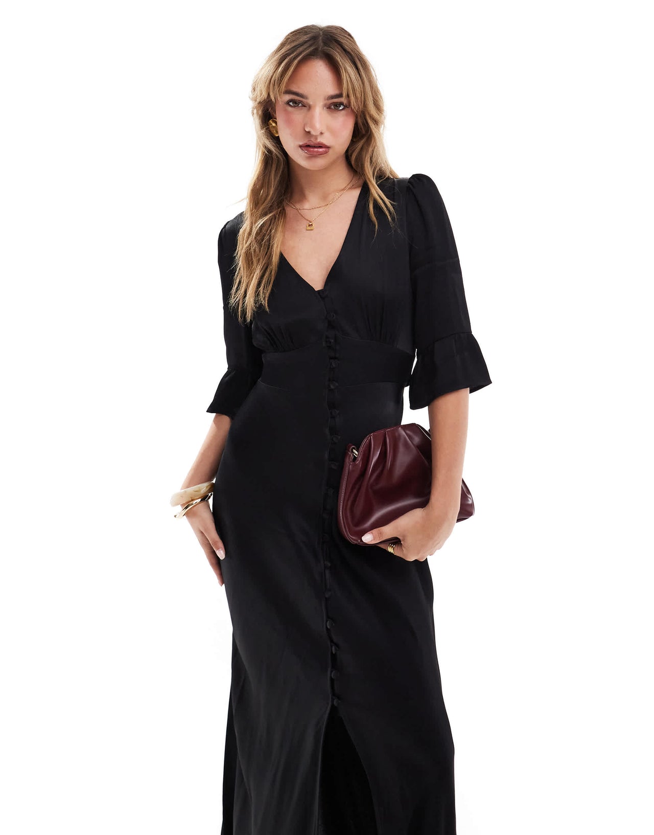 Maids to Measure Bridesmaid v neck button front maxi dress in black