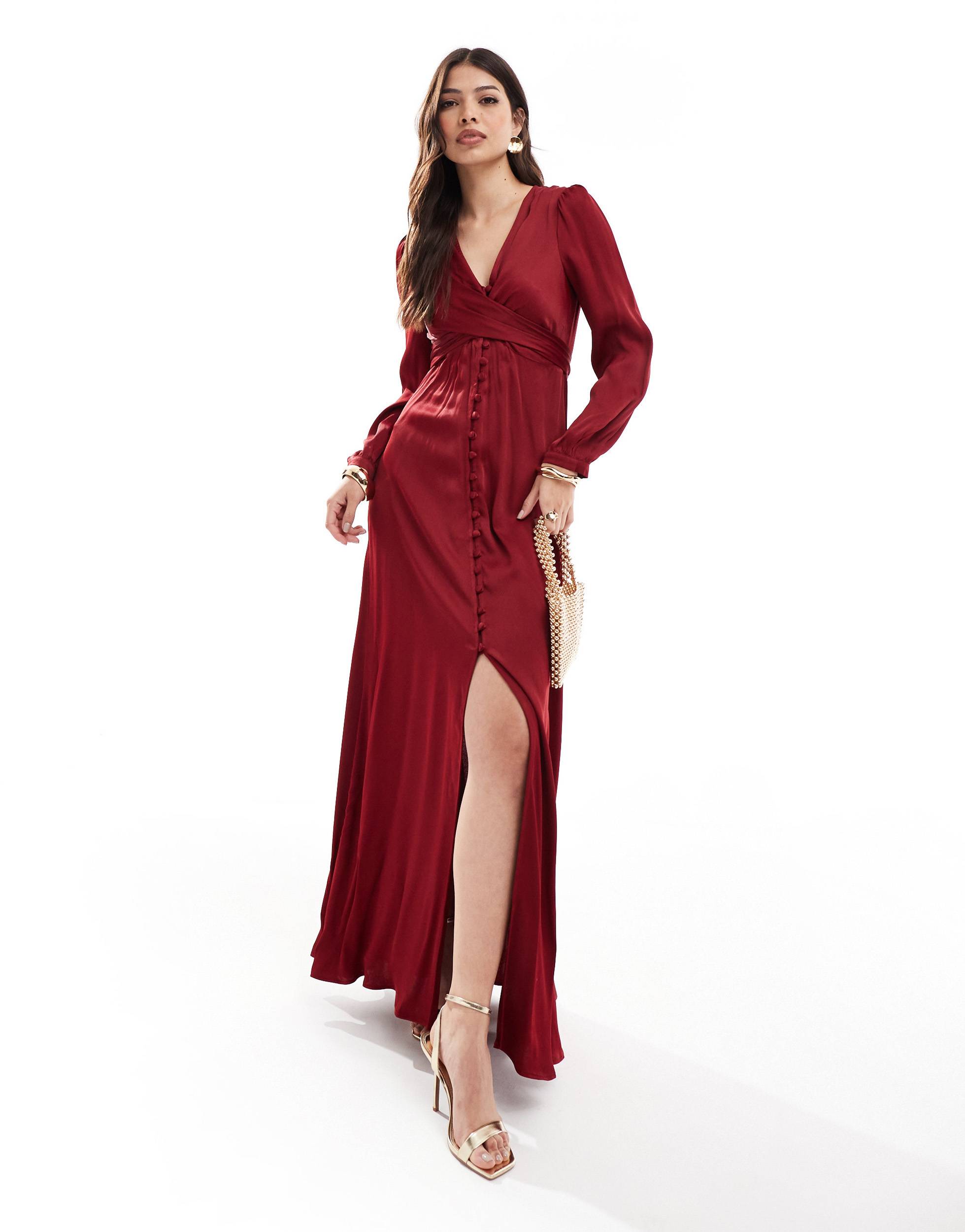 Maids to Measure Bridesmaid long sleeve button front maxi dress in burgundy