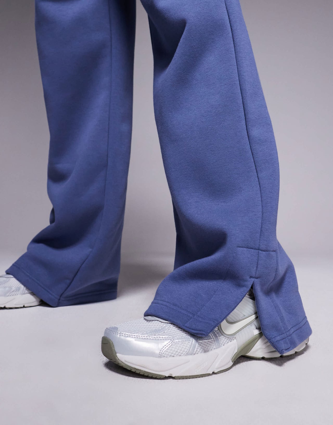 Nike Phoenix Fleece Gym Life Swoosh wide leg joggers with boxer detail in blue